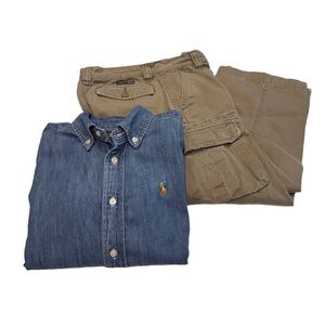 Polo Ralph Lauren Boys Outfit Green Cargo Pants & Long Sleeve Denim Shirt Sz 6